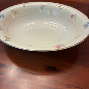Pope Gosser Pinafore 10" Oval Serving Bowl USA Yellow blue pink flowers Gold